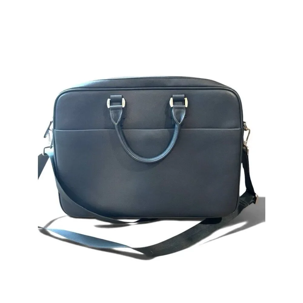 PEDRO Navy Blue Leather Briefcase Shoulder Bag Computer Padded Travel NWT